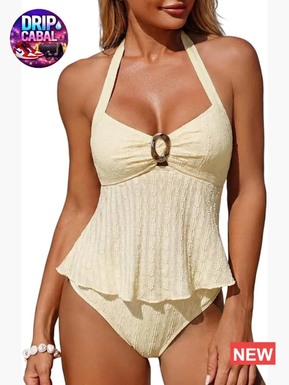 Lace O-Ring Cut Out Halter Tankini Two Piece Tummy Control Swimsuits